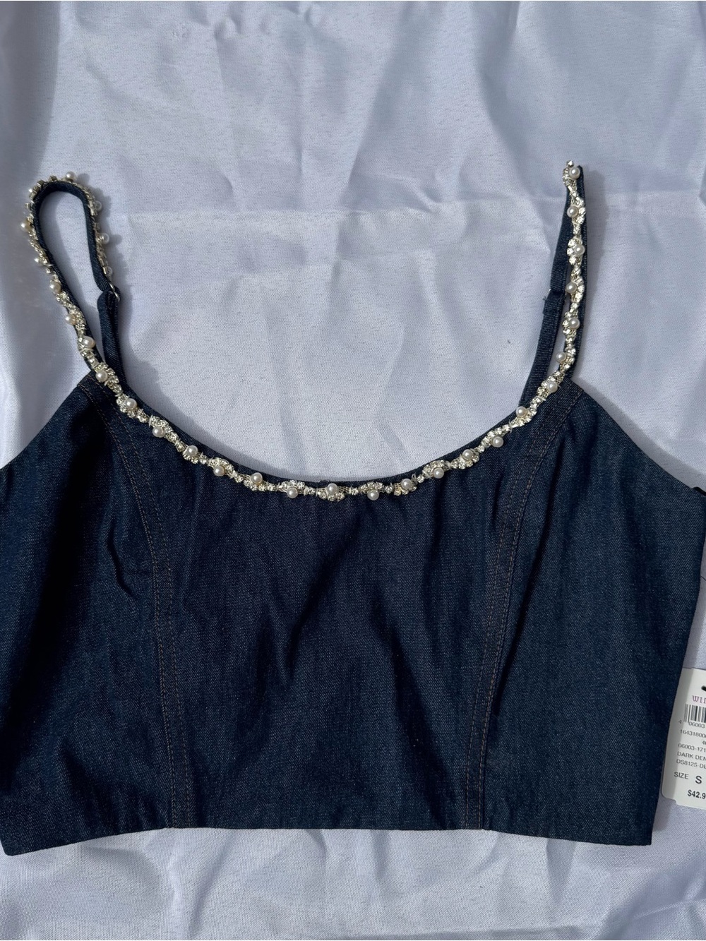 Windsor Dark Denim Top with Pearl-Style Bead Trim NWT